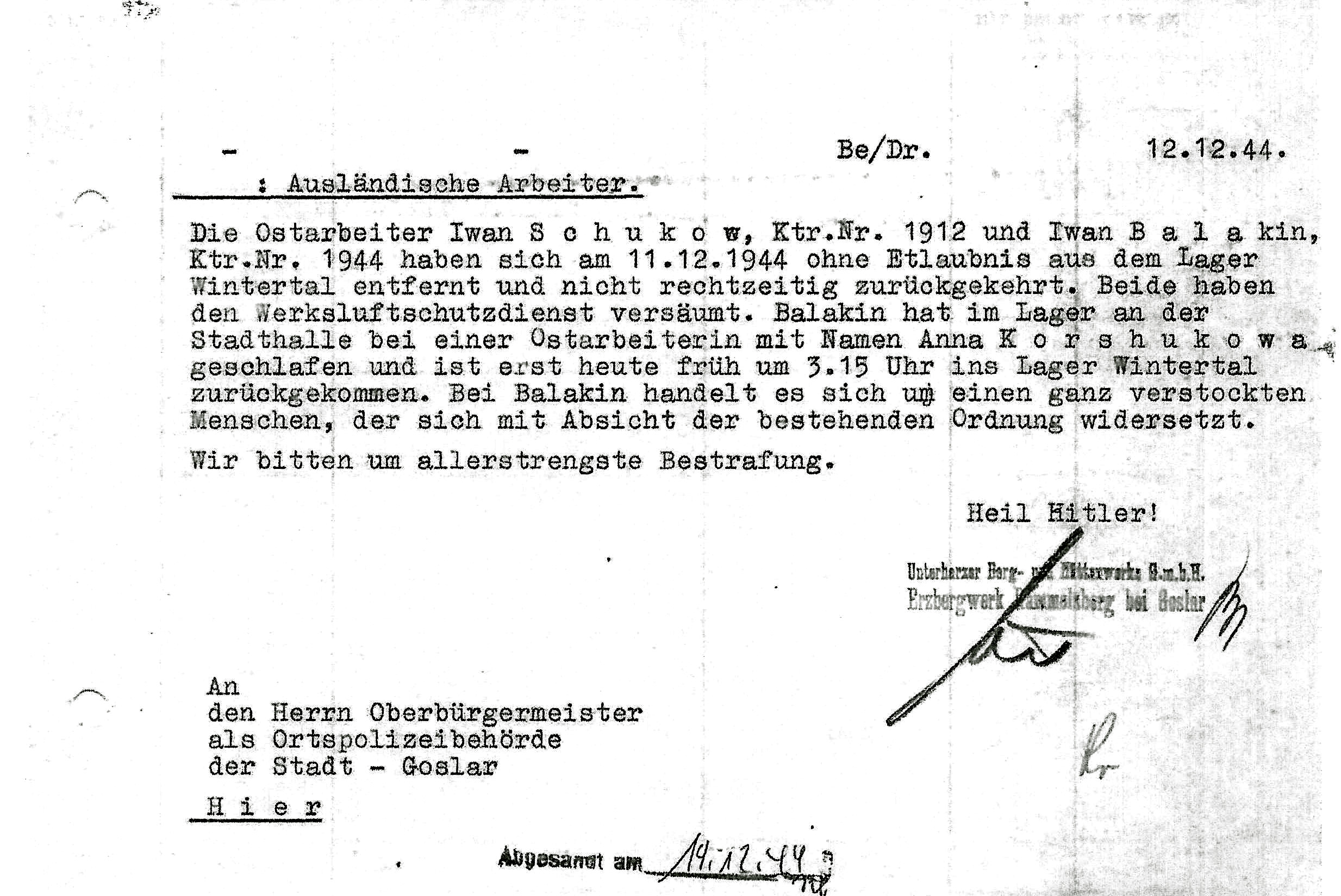 Meldeschein zur Bestrafung von zwei Zwangsarbeitern